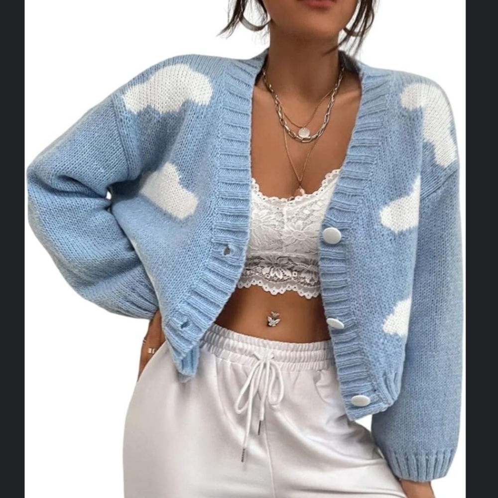 SHEIN Women's Blue Clouds Pattern Drop Shoulder Button-up Cardigan Sweater Sz: S